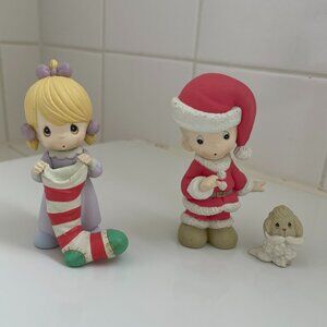 Enesco Precious Moments Pair Christmas Figurines Boy, Girl & Dog